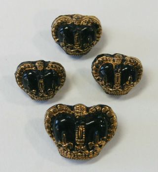 4 Antique Victorian Black Glass Realistic Crown Buttons 2 Sizes
