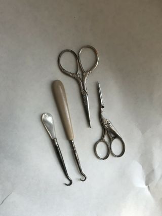 Set Of 1 Stork Embroidery Scissors,  1 Vintage Usa And 2 Shoe Button Hocks