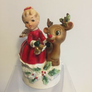 Vintage Josef Originals Christmas Girl With Rudolph Deer Music Box 6”