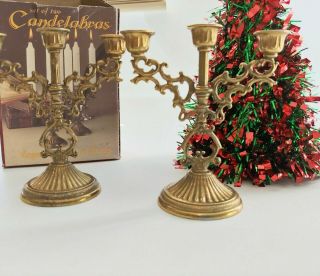 Vintage Miniature Brass Candelabra 3 - Arm Candle Stick Holder Pair,  Made In Italy
