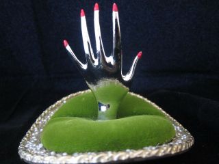 Vintage Sewing Pin Cushion Gold Frame,  Hand With Red Nail Polish Green Velvet