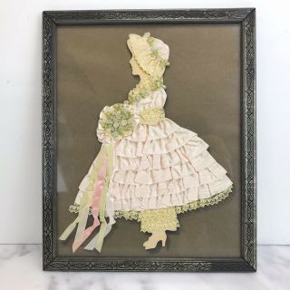Vintage Satin Ribbon Lace Victorian Lady Framed Picture Paper Doll Art