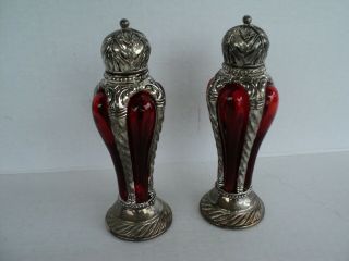 Gorgeous Vintage Ruby Red,  Real Glass Salt And Pepper Shakers - Silver Plated