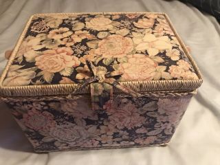 Vintage Pink And Blue Fabric Covered Sewing Box,  Wicker,  Pin Cushion,  Tray