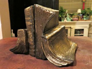 Vintage Brass Colored Metal Bookends Book Motif Library Detailed Heavy