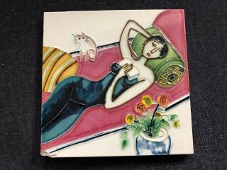 Art Nouveau Lady W/ Cat Ceramic Pottery Tile Pillows Posing Flowers Colorful