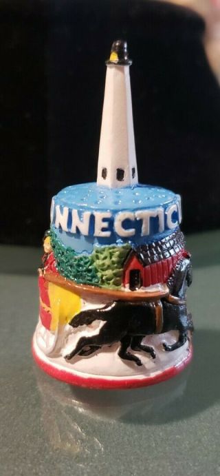 Rare Colorfull 3 D Connecticut Thimble W/horse Drawn Sleigh & Lighthouse