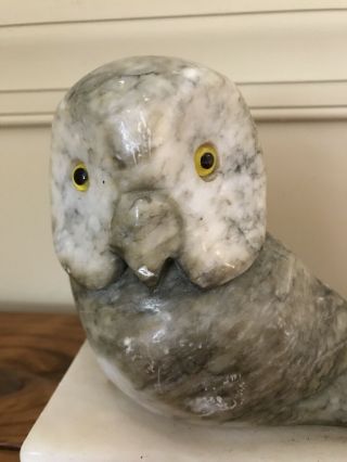 Vintage Hand Carved Alabaster Marble Owl Bookend Paperweight Signed MCM 2