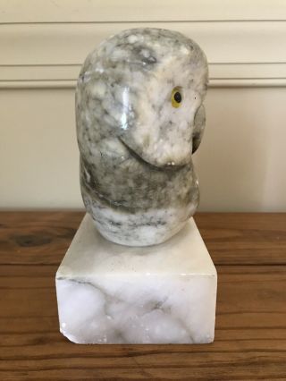 Vintage Hand Carved Alabaster Marble Owl Bookend Paperweight Signed MCM 3