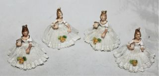 Set Of Four Ackermann & Fritze Miniature Porcelain Figurines Ladies Lace Skirts