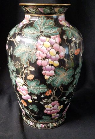 Andrea By Sadek Japan Hand Painted Grapes And Vines Ceramic Vase Black
