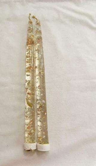 Vintage 2 Lucite Gold & Silver Flakes 10 " Candle Sticks Miller Candle Co Mcm Usa