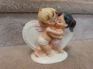 Vintage Geo Lefton Valentine Heart Planter Kissing Cherubs Angels White Heart 6 "
