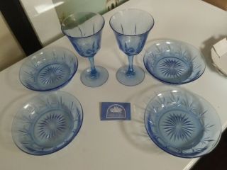 Set 4 Avon American Blue By Fostoria 6 3/4 " Cereal Bowls Glass,  2 Wine Glasses