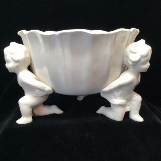 Vintage Cherubs Angels Holding Bowl White Porcelain Planter Pot Vase 3 1/2”h