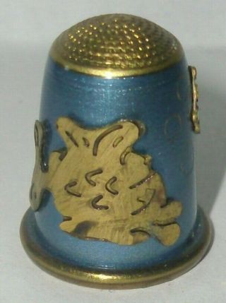 An Unusual Blue Brass Enameled Thimble With " A Large And A Small Fish "