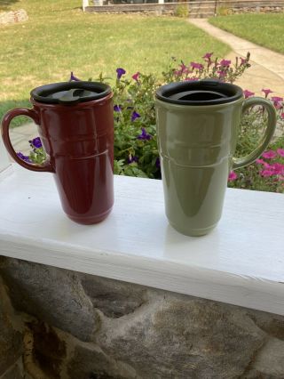 Longaberger Pottery Tall Travel Coffee Mugs With Lids Set Of 2