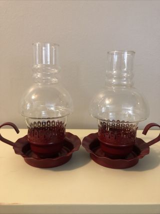 Pair Vintage/antique Red Metal Candle Stick Holder With Glass Chimney
