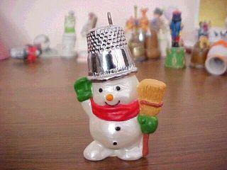 Hallmark Snowman With A Thimble Hat Holding Broom