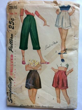 Simplicity Sewing Pattern 2836 Pedal Pushers & Shorts 1940 