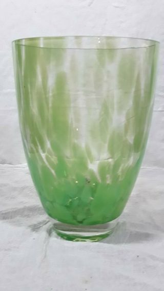 Pier 1 Oval Art Glass Vase Green Splatter Swirl Hand Blown