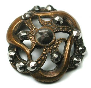 Antique Pierced Brass Button Art Nouveau Design With Cut Steel Accents 11/16 "