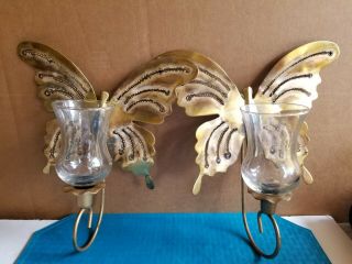 Pair Metal Art Brass Wall Hanging Butterflies Candle Sconces Glass Holders