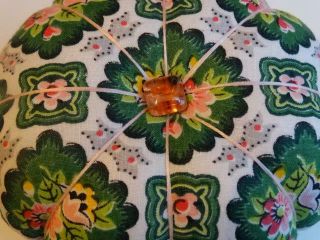 Awesome Vintage Fabric Pin Cushion Pink Czech Glass Button Green Pink