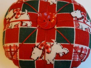 Adorable Fabric Pin Cushion Vintage Red Flower Plastic Button Scotty Dogs Red