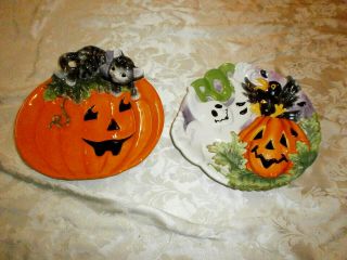 2 Fitz & Floyd Halloween Black Kitty Cat & Jack - O - Lantern Pumpkin Boo Plate Dish