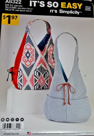 Simplicity A8322 Slouchy Bag Boho Hobo Slouch Sling Tote Easy Sewing Pattern Ff