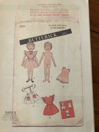 Vintage Butterick Pattern 325 Fabric Doll & Clothes,  17”