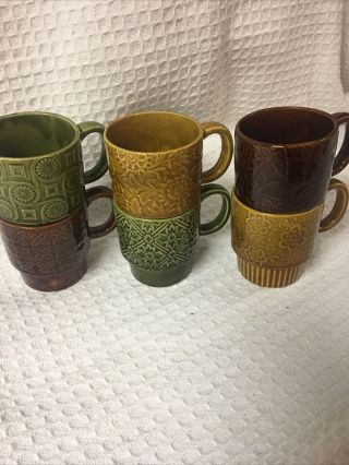 Set Of 6 Stackable Coffee Cups Ceramic Brown Gold Green Vintage/ Retro
