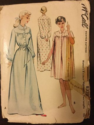 Vintage Mccall 1950’s Ladies Womens Misses Night Gown Pattern 8339 Size Medium