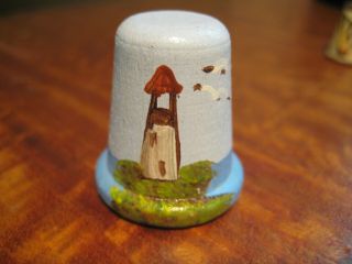 Vintage Thimble Light House Birds Sea Gulls Hand Painted Signed Wooden
