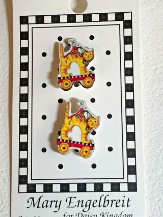 2 Mary Engelbreit Buttons In Card.  - Cat & Mouse On Pull Toy,  Sweet
