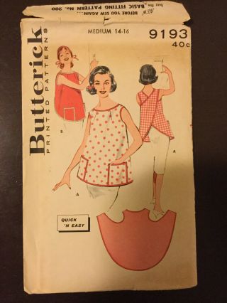 Vintage 1950’s Butterick Sew Pattern 9193 Pullover Apron Misses Size: Medium