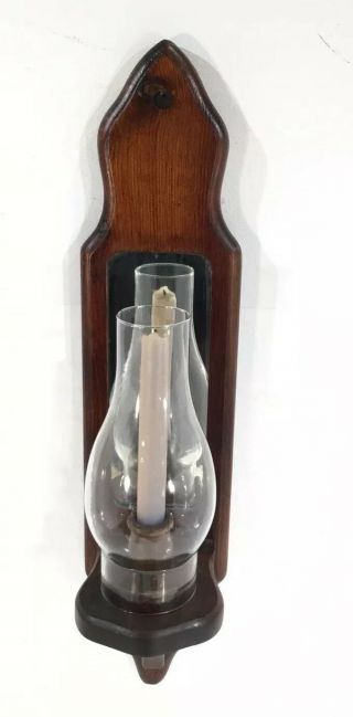 Vintage Hand Crafted Wood Mirror Wall Sconce Candle Holder w Hurricane Shade 2