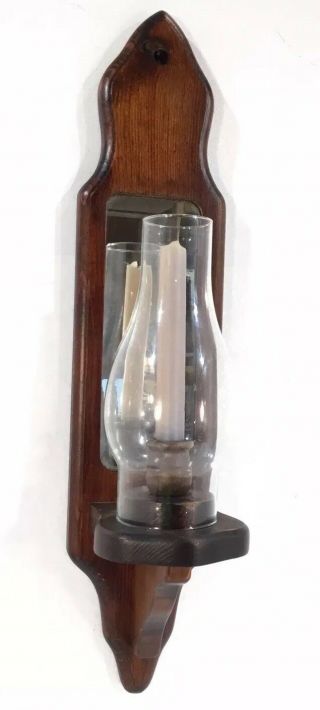 Vintage Hand Crafted Wood Mirror Wall Sconce Candle Holder w Hurricane Shade 3