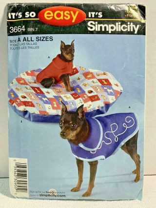 Simplicity 3664 Sewing Pattern For Dog Coat Xs/s/m 6″ - 14″ & Pet Bed Uncut