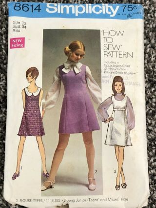 Vintage Simplicity 8614 1960’s Mod Dress Sewing Pattern Junior Sz 12 34 Bust