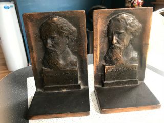 Vintage Bronzmet Charles Dickens Cast Iron Bronze Bookends Statue Bust Sculpture 2