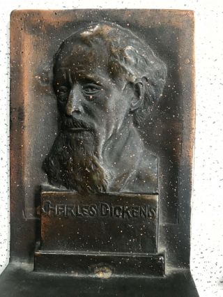 Vintage Bronzmet Charles Dickens Cast Iron Bronze Bookends Statue Bust Sculpture 3