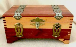Vintage Cedar Wood Trinket Box Jewelry Case Lockable Brass Trim Treasure Box