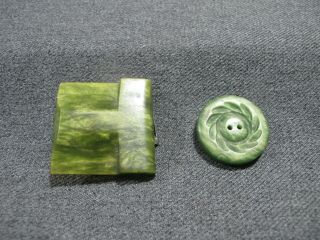 Vintage Art Deco Marbled Green Galalith Carved Flower Button And Buckle Piece