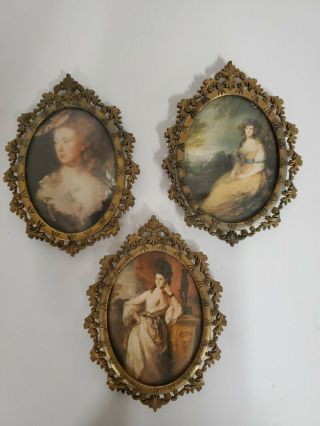 Set Of 3 Vintage Action Oval Ornate Metal Brass Picture Frames Italy Portraits