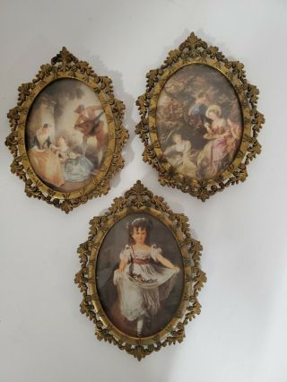 Set Of 3 Vintage Action Oval Ornate Metal Brass Picture Frames Italy People