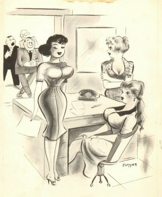 3 Sexy Secretaries Gag / B&w Art - 1959 Humorama Art By Lowell Hoppes