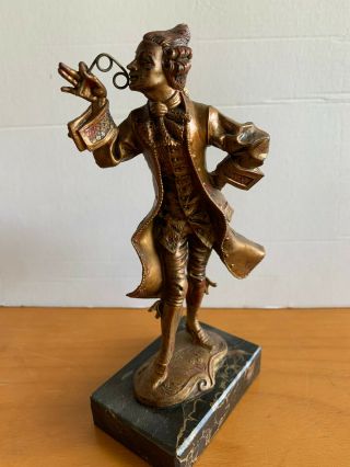 Antique Look Copper Tone Cast Metal Victorian Man Figurine On Ceramic Tile Base