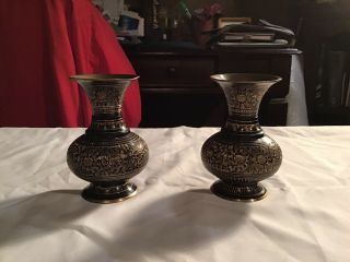 (two) 4” Tall Vintage Brass Bud Vases Hand Made And Etched.  “very Nice”